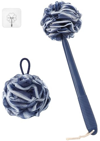 ROLIZOE Brosse à récurer en luffa avec poignée arrière pour douche, poignée en plastique antidérapante de 43,2 cm, douchette à main et éponge en luffa sur un bâton, bleu foncé avec bord blanc
