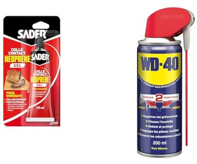 Sader Colle Contact Néoprène Gel – Colle Extra Forte Tous Matériaux – Prise Immédiate & WD-40 Produit Multifonction Spray Double Position Sans Silicone Non Conducteur Compatible Plastiques