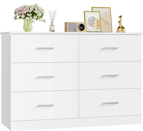 FOREHILL Kommode weiß mit 6 Schubladen Kommodenschrank für Schlafzimmer, Flur Sideboard für Wohnzimmer Schubladenschrank weiß 108 x 73 x 40 cm