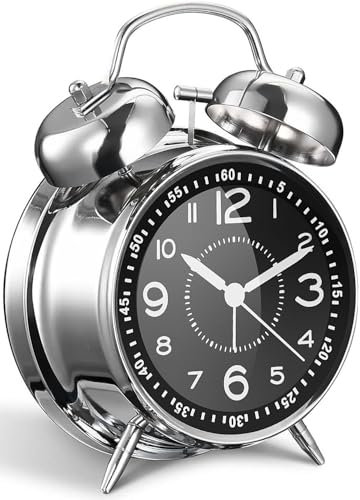 Sveglia forte per adulti che dormono pesanti, in metallo, 10,2 cm, doppia campana, funzionamento a batteria, per camera da letto, decorazione, silenziosa, senza ticchettio (argento)