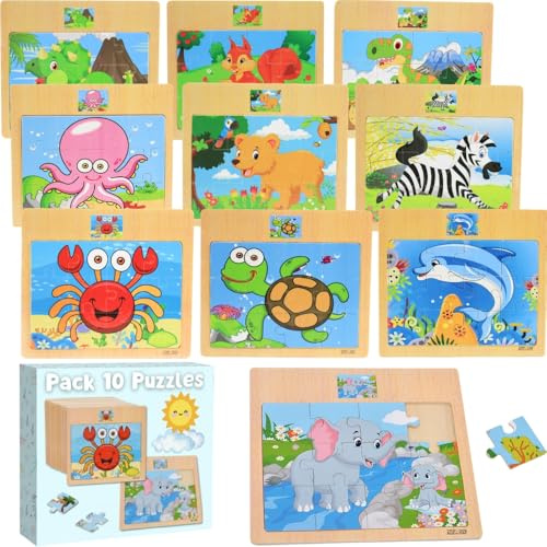Pack 10 Puzzle Legno Bambini di Animali, Giochi Educativi Bambino e Bambina, Regalo Compleanno per Bambini 3-8 anni, Set 10 Puzzles di Legno