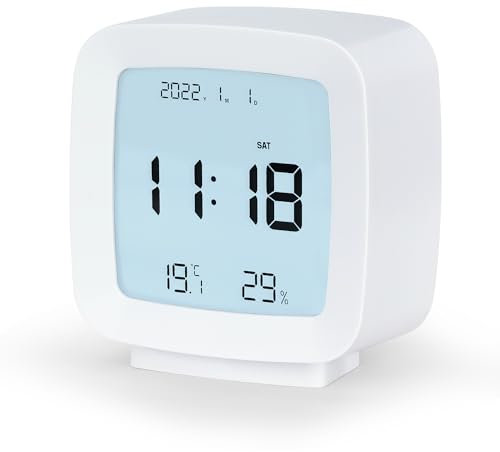 Lafocuse LCD Display Sveglia Digitale da Comodino Batteria, Orologio da Tavolo con Temperatura, Datario, Allarme, Snooze, Retroilluminazione, Sveglia per Viaggio Camera da Letto Casa Ufficio, Bianco