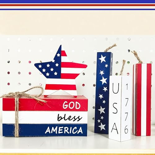 4th of July Tiered Tray Decor Patriotic Wooden Star/Track Firework Sign Faux Book Stack Sign Rustic Fireworks Centerpiece Red White and Blue Table Decor for Independence Day (Blue/RED/White)