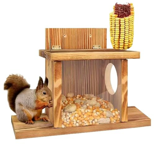 Pasdrucn Mangeoire en Bois pour écureuils, boîte pour écureuils, Boîte de Maison de Tamia avec Support à maïs pour Nourriture Sauvage, décoration de Jardin pour Tamias, Animaux (A)