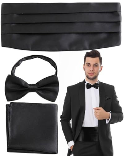 JUKOTA 3 Stück Set Kummerbund Herren Halloween Verstellbarer Kummerbund für Smoking Frack Anzug Hemd, Mit Fliege und Einstecktuch（schwarz）