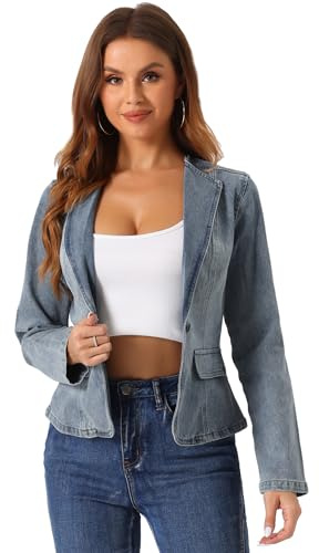Allegra K Giacca in Jeans Elasticizzata da Donna con Colletto a Revers un Bottone Manica Lunga Casual Leggera da Lavoro Grigio Blu M
