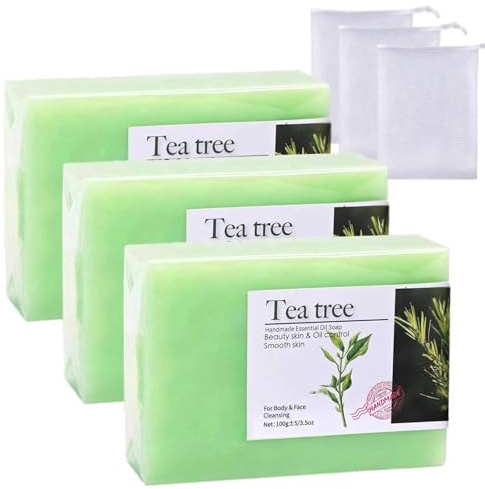 3 PCS Tea Tree Antifungal Soap Bar, Antifungal & Acne Treatment for Face, Body & Hand, Fights Acne, Relieves Fungal Skin, Controls Oil, Clears Pores (3, Green)