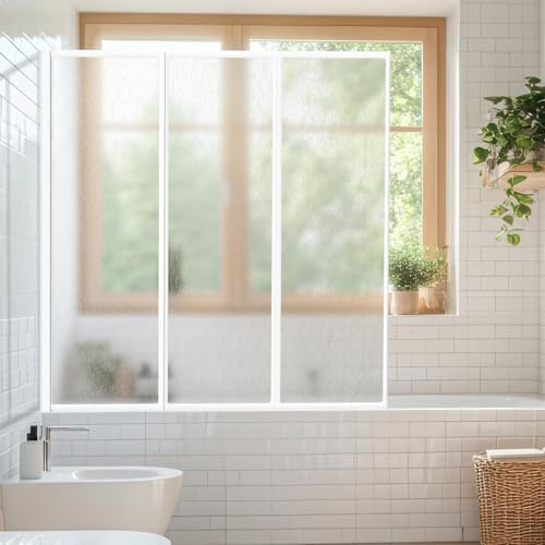 Daromigo Duschvägg för badkar 120 × 140 cm, 3-delad vikbar av okrossbar PS-plast, badkarfäste med vit aluminiumram, duschvägg med droppstruktur som stänkskydd