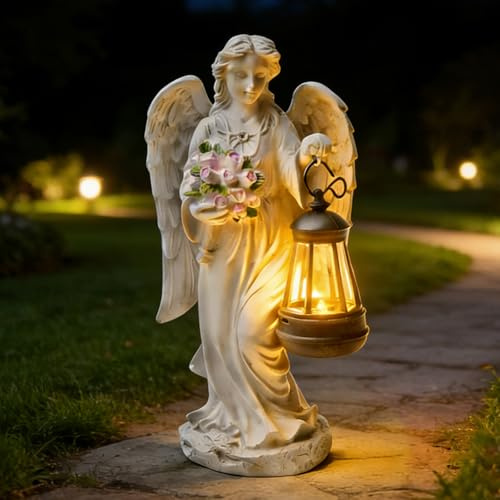 PORFOYO Figuras solares de jardín de ángel, resistente a la intemperie, decoración de jardín, figuras solares de jardín para exteriores, luz para tumba, decoración para exteriores, ángel de la guarda