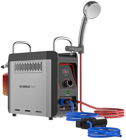 CAMPLUX Nano Calentador de Agua a Gas con Bomba, 3 L/min, Butano (28-30 mbar), para Camping, Ducha Exterior, Autocaravana y Mascota, Nano 3