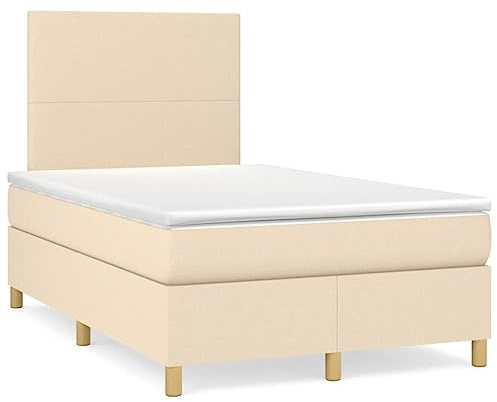HETFTJN Cama de muelles de 120 x 200 cm, tela color crema, cabecero ajustable en altura, colchón de muelles ensacados de 20 cm, cubrecolchón de 5 cm, zona de asiento media, estructura robusta