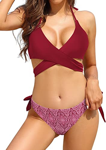SHEKINI Donna Criss Cross Push Up Halter Bandage Bikini Set Cravatta Lato Nuoto Fondi Costumi da Bagno a Due Pezzi（Medium, Wine Red B）
