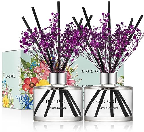 [COCODOR/Garden Lavender] Flower Reed diffusers Oil with a Set of 5 Fiber Sticks, 200ml*2packs, Best for Home, Kitchen, Bathroom. Diffusers with sticks