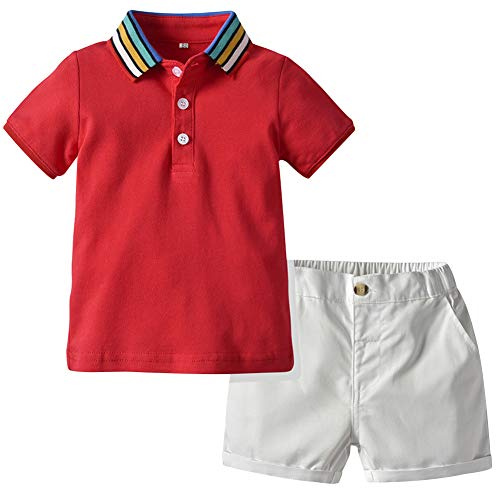 amropi Neonato Bambino Maniche Corte Estate Set A Righe Camicie e Pantaloncini Completini Sportivi (Rosso Bianco, 4 Anni)
