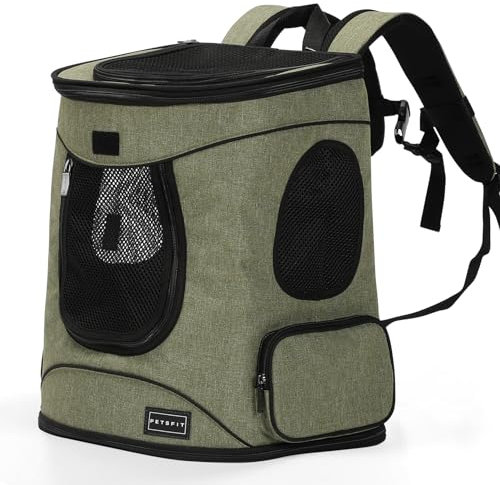 Petsfit Hunderucksack & Katzenrucksack für große Katzen bis 5kg - Leichter Katzen Rucksack mit Netzfenster, Brustgurt & Polster - Atmungsaktiver Rucksack für kleine Hunde, Grün