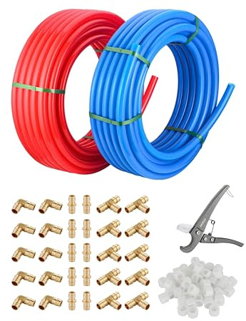 EFIELD 1/2-inch Pex-A Tubing/Pipe 2 x100 ft Red & Blue (200 ft), 30 PCS 1/2 Brass Expansion Fittings - Elbow, Tee, Coupler, 1/2' Expansion Rings (100 Pcs), Pipe Cutter (1/2-inch)