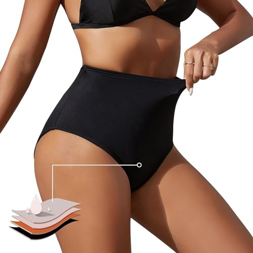 Runmeihe Period Pants for Swimming for Girls Teens Women, High Waisted Black Bikini Period Swimwear, Menstrual Leakproof Underwear, Swim Bottoms (UK, Alpha, M, Regular, Regular, Black)