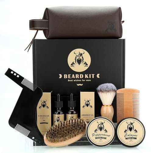 Exreizst Kit Barba per Uomo,Regalo Cura della barba Uomo Completo Professionale per Marito Papà -con2Olio per la crescita della barba, balsamo, pennello, pettine,sapone barba, custodia regalo uomo