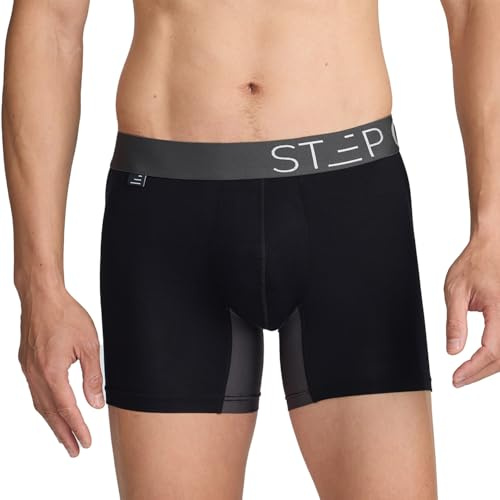 STEP ONE Bamboo Mens Underwear Trunks - Anti Chafing Boxers with 3D Support Pouch, Breathable Moisture Wicking Trunks, No Ride Up Underwear for Men Black and Grey Large