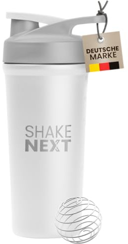 ShakeNext® Edelstahl Shaker [NEUEINFÜHRUNG] - Trinkflasche mit Mixball 700ml, Fitness und Protein Shaker mit auslaufsicherem Druckverschluss, patentiertes Design (Weiß)