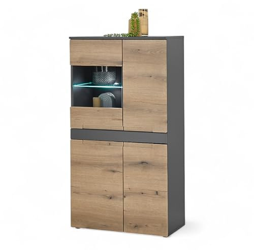 Stella Trading Taylor Vitrine in Anthrazit, Evoke Eiche Optik - Moderner Vitrinenschrank mit LED-Beleuchtung und viel Stauraum - 75 x 140 x 38 cm (B/H/T)