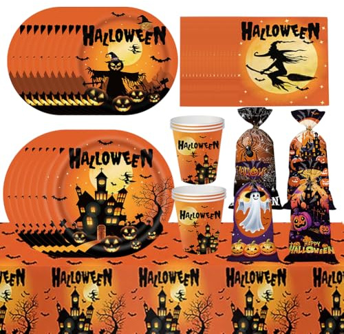 Halloween Party Tableware Set Castle Ghost Tableware Decorations Including Tablecloth Plates Cups Napkins Cookie Bags for Get-Together Interesting Halloween Party Decorations Supplies