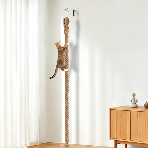 GINDOOR 2 x 4.92Ft Cat Climbing Rope with Hook, Natural Jute Ropes for Ceiling and Wall Mounted, Durable and Safe Cat Climbing Sisal Rope Toy with Cats Scratch Rope, Suitable for Indoor and Outdoor
