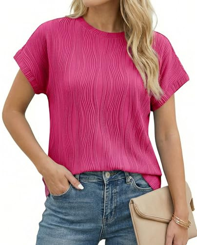 Enmain Camiseta Blusas Mujer Manga Corta T-Shirt Top Mujer Verano Fucsia Básico Elegante Casual Cuello Redondo Elástico Anti-Arrugas con Textura Color Liso Ligero Túnica Rosa L