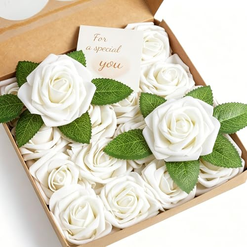 XIANNVXI White Roses Artificial Flowers with Stems,Fake White Foam Roses | 16Pcs Realistic Faux White Flowers for Indoor,Wedding,Bridesmaid Bridal Bouquet,Valentines,Baby Shower,DIY Floral Arrangement