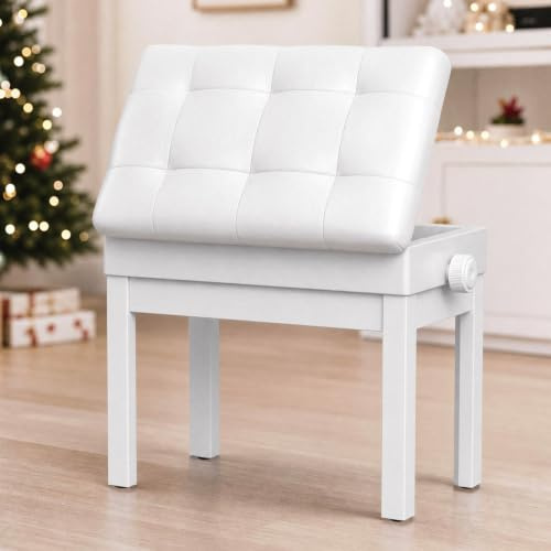 MAMIZO Piano Stool Adjustable Piano Bench with Storage, Gloss White | 48-58 cm height adjustable PU padded seat, wood-reinforced legs, 150 kg capacity, under-seat storage for sheet music