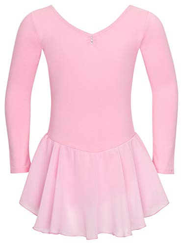 tanzmuster ® Ballettkleid Mädchen Langarm - Anna - aus weichem Baumwollstoff mit Glitzersteinen und Chiffon Röckchen fürs Kinder Ballett Ballettbodyin rosa, Größe:140/146