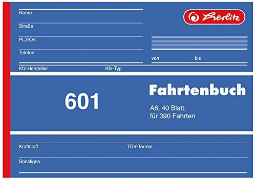 Fahrtenbuch, für PKW, A6 quer, 40 Blatt, für 390 Fahrten, 5er-Pack