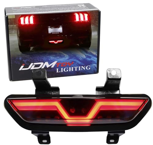 iJDMTOY Smoked Lens LED Rear Foglamp Compatible With 2015-2017 Ford Mustang, Full Red LED Tail Light Assembly Functions as Reverse Light & Rear Fog Light
