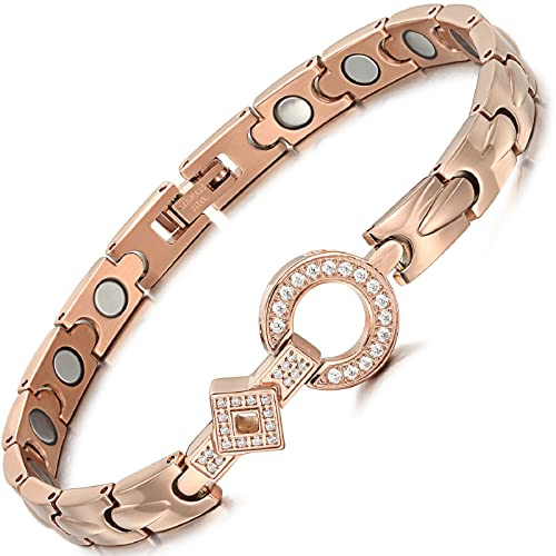 RainSo Pulsera Magnética de Acero de Titanio, Elegante Pulsera Magnética para Mujer, Alivio del Dolor de Artritis, en Caja de Regalo Negra (Dorado)