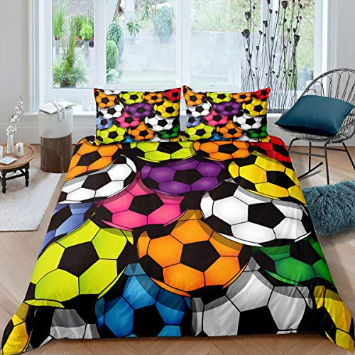 Set di biancheria da letto con copripiumino 3D a tema calcio, motivo con pallone da calcio colorato, ipoallergenico, microfibra, set da 3 pezzi (1 copripiumino e 2 federe), per bambini, ragazzi e