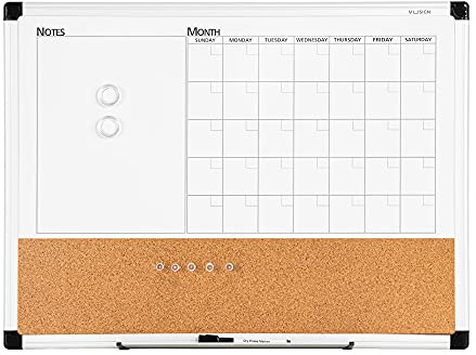 VUSIGN Monthly Calendar Whiteboard Dry Erase Cork Board Combo, 18 x 24 Planning Board, Silver Aluminium Frame