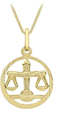 CARISSIMA Women's 9ct Yellow Gold Round Diamond Cut Zodiac Libra Pendant on 9ct Yellow Gold 20 Diamond Cut Curb Chain 46cm/18