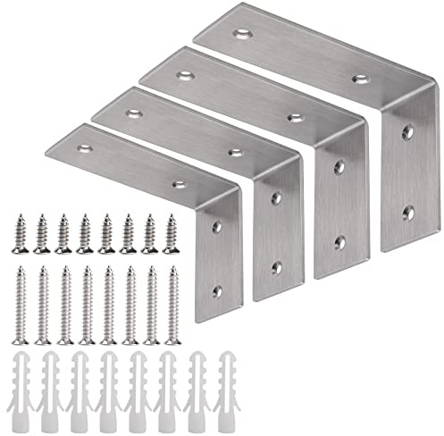 YUMORE L Brackets Heavy Duty, 5x3x1.8 Inch Stainless Steel Shelf Brackets Wall Mounted for Floating Shelves Industrial Farmhouse, Includes Hardware, Pack of 4