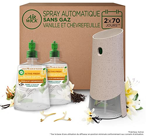 Air Wick Désodorisant Maison Spray Automatique Sans Gaz Active Fresh - 1 Diffuseur + 2 Recharges Parfum Vanille et Chèvrefeuille