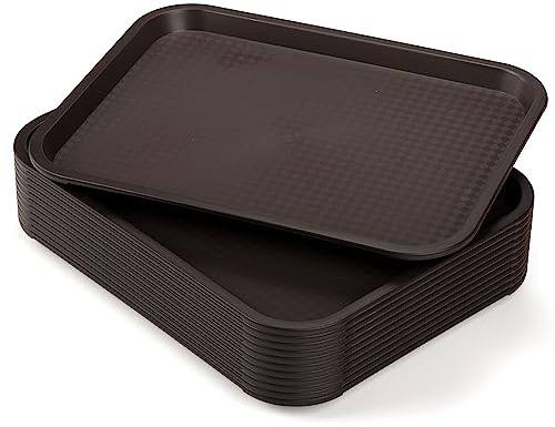 Yarlung 12 Pack Plastic Fast Food Trays, 13.7 x 10.5 Inch Rectangular Cafeteria Trays Restaurant Serving Tray for Coffee Table, Kitchen, Party, Brown