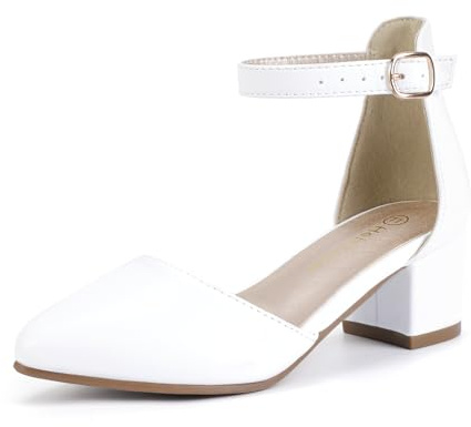Hehainom Girls Dress Shoes High Heels Sandals Ankle Strap Flower Girl Little Big Kid Mary Jane Wedding Party Communion Mily Pump Shoes Size 3, White Pu