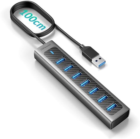 GM7U USB Hub 3.0 7 Porte, Cavo Lungo 1 M, Alluminio, Duplicatore USB, Porta USB Multipla per PC, Laptop, Computer Desktop, PS4, PS5, Mac più Vecchi, Unità Flash, Tastiera, Mouse