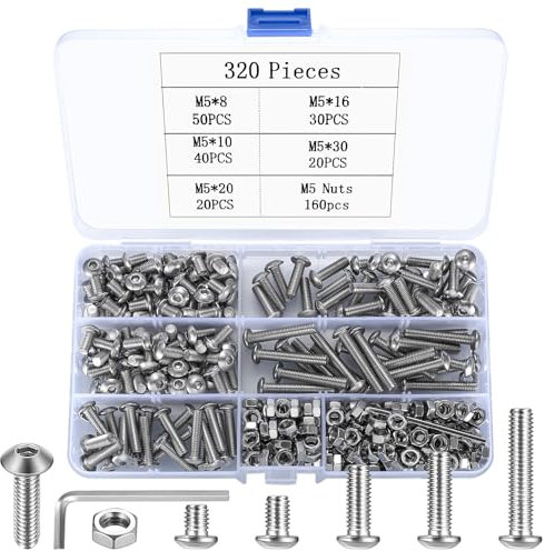 Juego de 320 tornillos M5, cabeza alomada hexagonal, juego de tuercas, tornillos hexagonales con tuercas, juego de tornillos de cabeza redonda, juego de tornillos de máquina de acero inoxidable