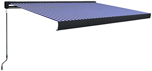 Willood Manuelle Kassettenmarkise Gelenkarmmarkise Markise Vollkassettenmarkise Sonnenschutz Garten Terrasse Balkon 350x250 cm Blau und Weiß + Schwarz