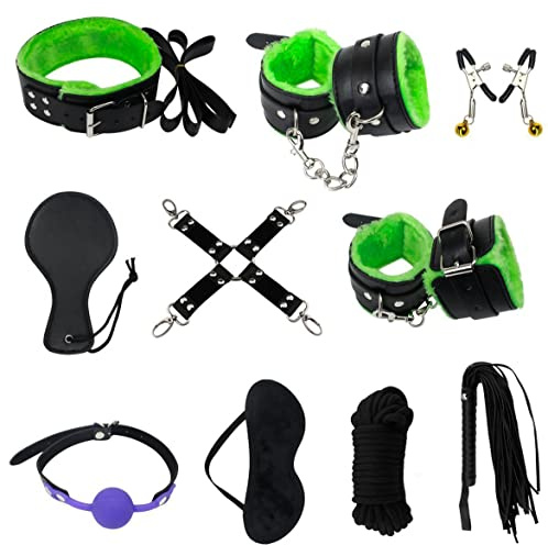 BONDAGERIE® Kit 10 Accessori Verde per coppia uomo donna, Manette, Cavigliere, Frusta, sacco raso incluso, Letto