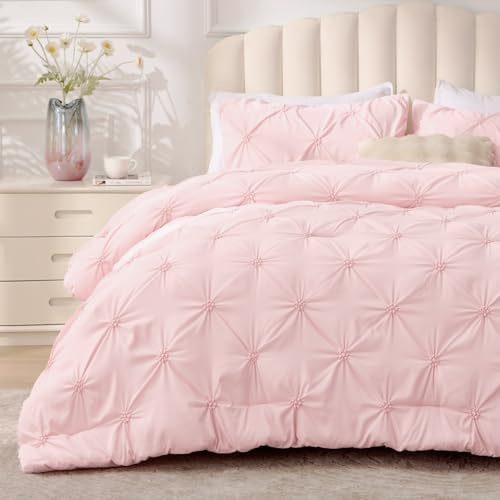 BEDELITE Baby Pink Queen Comforter Set - 3 Pieces Boho Pintuck Bedding Comforter Sets, Lightweight Soft & Warm Bed Comforter Queen with 2 Pillowcases for All Season