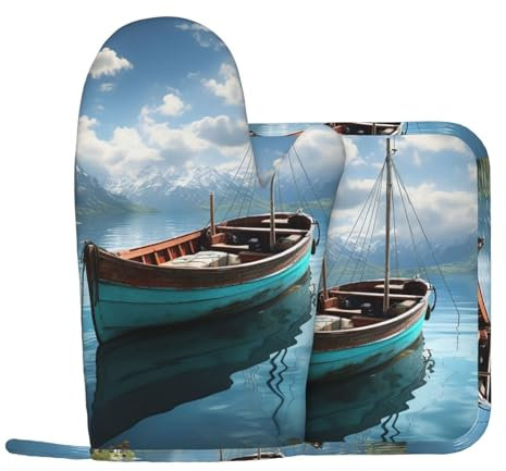 Fishing Boat Oven Mitts and Pot Holders Sets of 2 Heat Resistant Silicone Oven Gloves Hot Pad Non-Slip Long Oven Mitts Potholders Extra Thicken Kitchen Mittens for Cooking