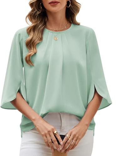 PASUDA Camicia Donna Elegante Manica a 3/4 Top Blusa a Girocollo in Chiffon Casual Camicetta Estiva Tinta Unita Manicotto Split Maglietta da Lavoro (Verde, L)