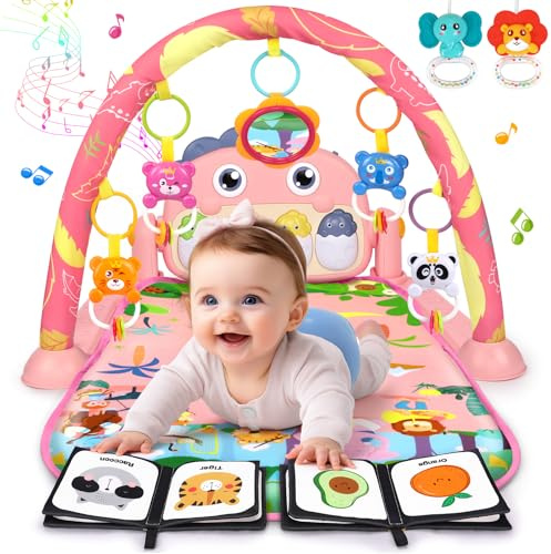 UMIKU Baby Play Mat Baby Tummy Time Mat Infant Newborn Musical Activity Center with High-Contrast Piano Music & Light Newborn Babies Gift for Girl Boy Babies 0-6 6-12 Month Pink Dinosaur