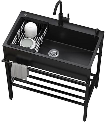 Lavello Cucina con Mobile,Lavandino da Esterno con Rubinetto,Lavabo Lavanderia in Acciaio Inox Professionale 1 Vasca,Lavatoio Nero Multifunzione,Lavelli Bagno Autoportante,per Interno(60x45x86cm)